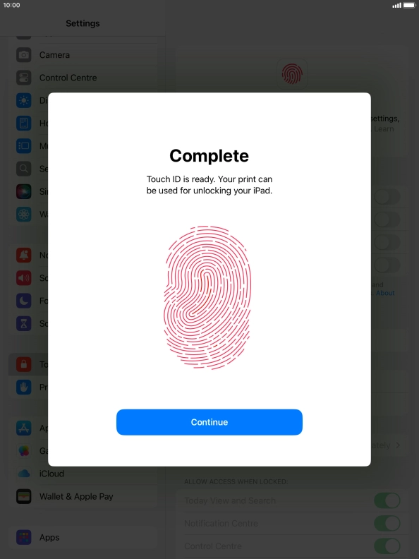 Press Continue. If you haven't previously selected a lock code, key in a code of your own choice twice.