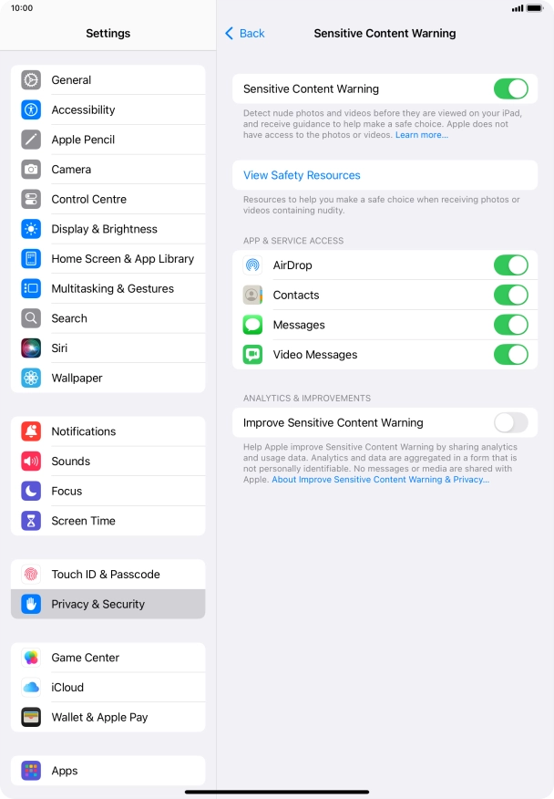 Press the indicators next to the required applications to turn the function on or off.