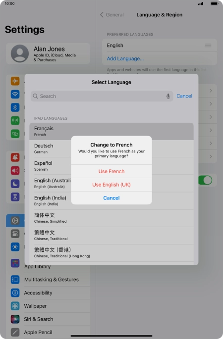 To select the new language as the default tablet language, press Use ‹language›.