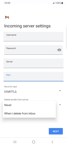 Press Never to keep email messages on the server when you delete them on your phone.