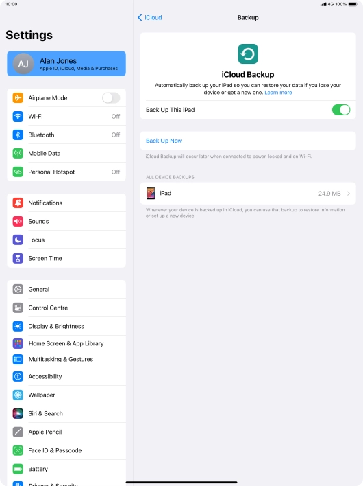 Press Back Up Now and wait while the tablet memory is backed up.