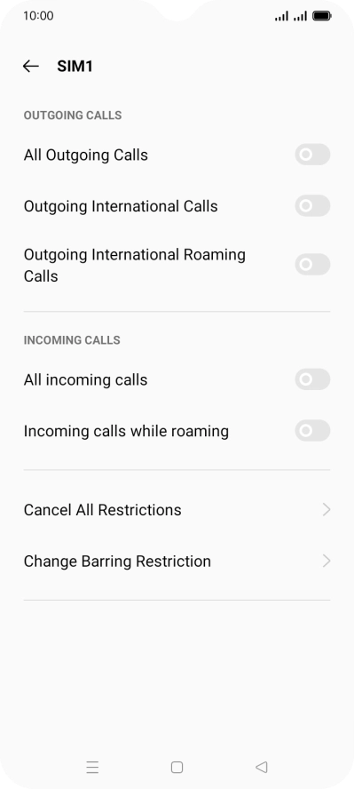 Press the indicator next to the required barring type to turn the function on or off.