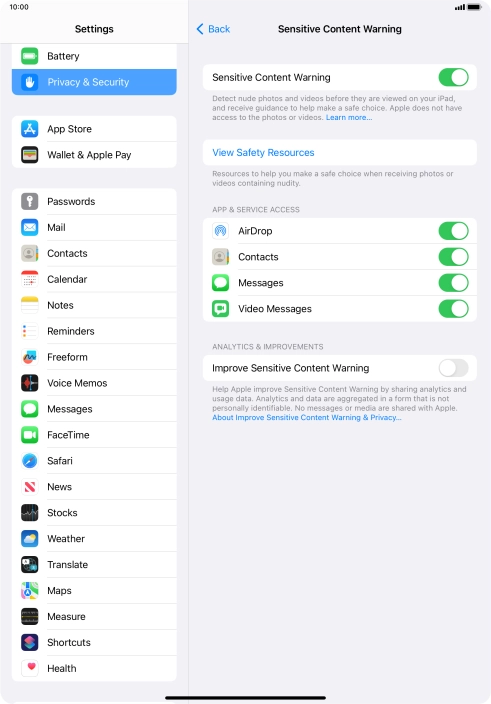 Press the indicators next to the required applications to turn the function on or off. Press the indicators next to the required applications to turn the function on or off.