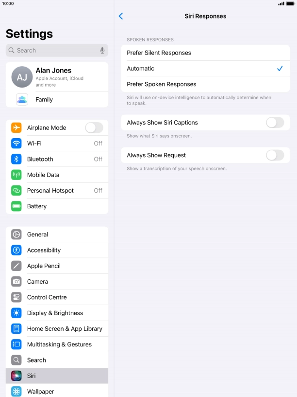 Press the required setting.