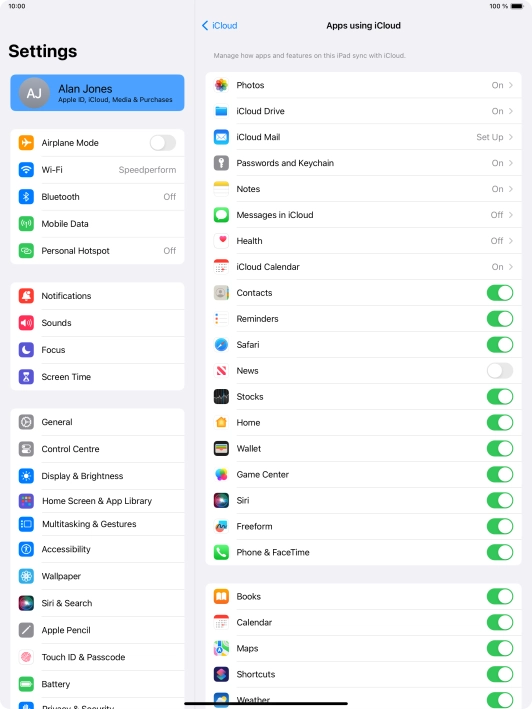 Press the indicators next to the required data types to turn synchronisation of each data type on or off.