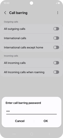Key in your barring password and press OK. The default barring password is 1919.