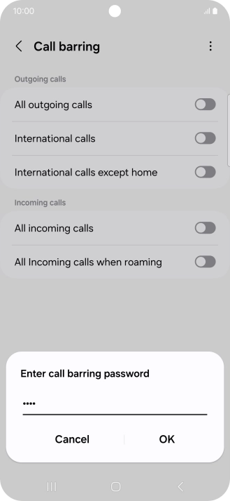 Key in your barring password and press OK. The default barring password is 1919.