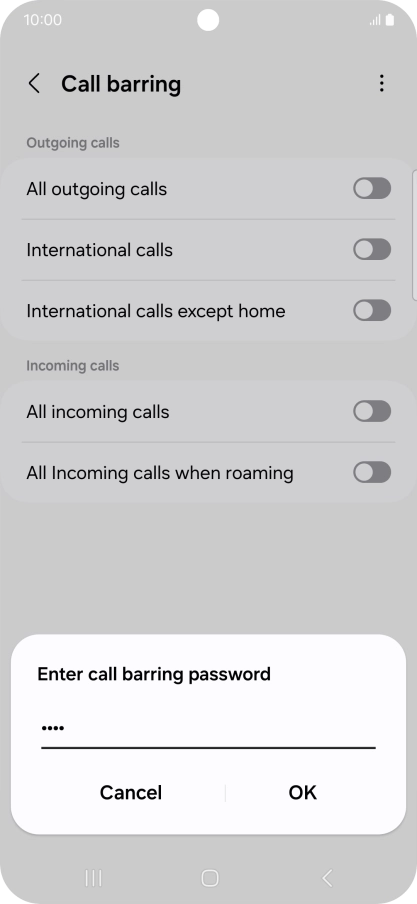 Key in your barring password and press OK. The default barring password is 1919.