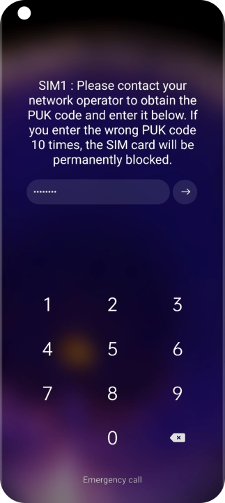 Key in the PUK and press arrow right.