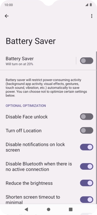 Press the indicators next to the required settings to turn them on or off.