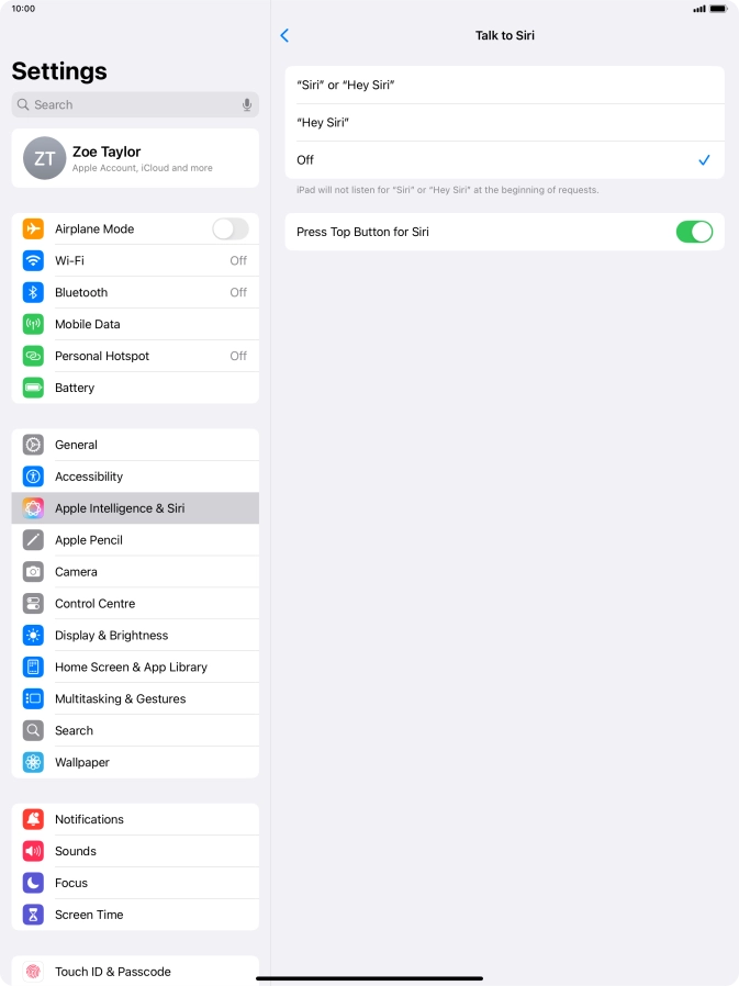 Press the required setting to turn the function on or off. If you turn on the function, you need to follow the instructions on the screen to set up Siri to recognise your voice.