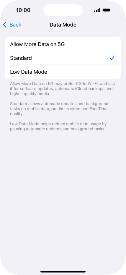 Press the required setting.