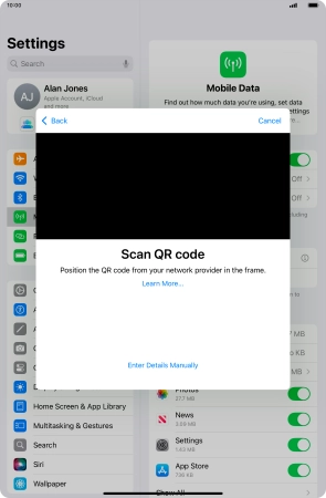 Place the QR code you've received inside the tablet camera frame to scan the code. Your eSIM is transferred to your new tablet over the internet.