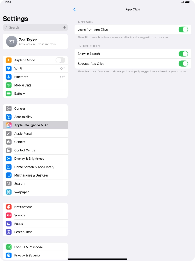 Press the indicators next to the required settings to turn them on or off.