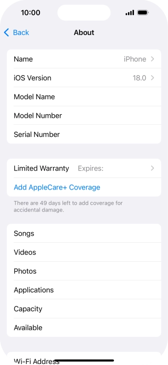 Your phone's software version is displayed next to iOS Version.