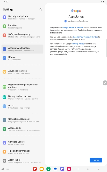 Press I agree and follow the instructions on the screen to select settings for your Google account. Press I agree and follow the instructions on the screen to select settings for your Google account.