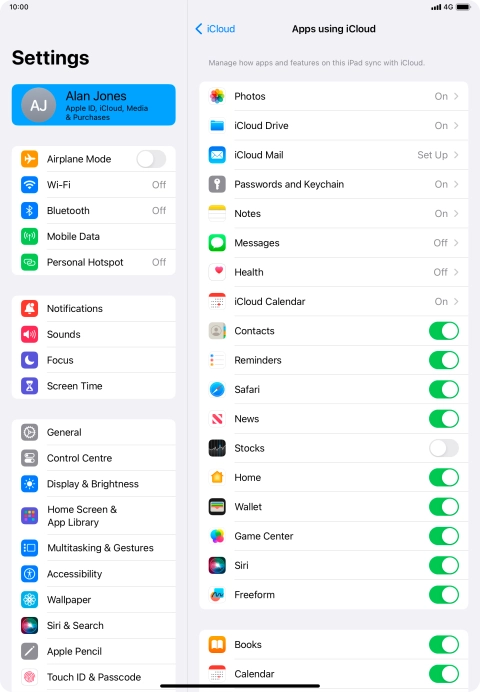 Press the indicators next to the required data types to turn synchronisation of each data type on or off.