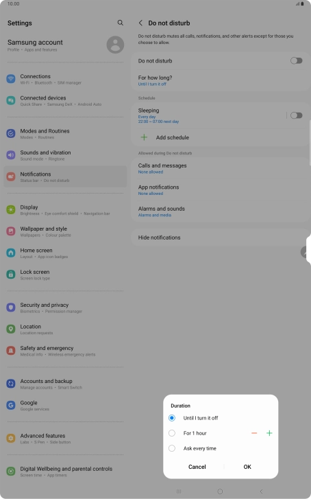 Press the required setting.