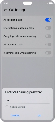 Key in your barring password and press OK. The default barring password is 1919. Key in your barring password and press OK. The default barring password is 1919.