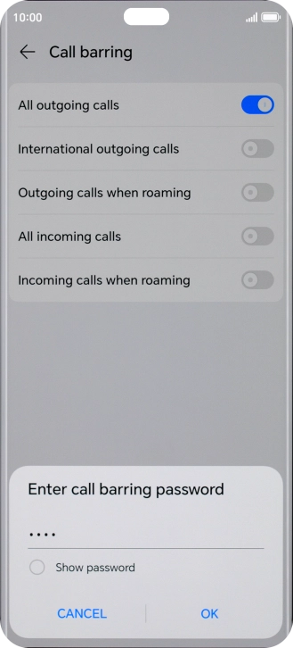 Key in your barring password and press OK. The default barring password is 1919. Key in your barring password and press OK. The default barring password is 1919.