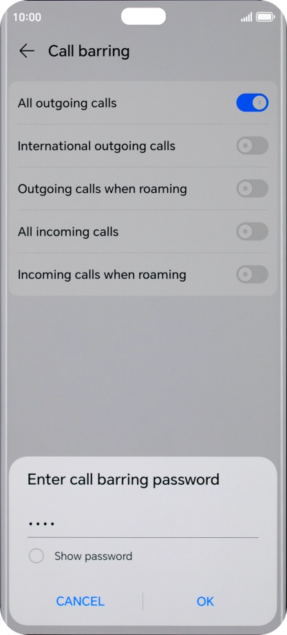 Key in your barring password and press OK. The default barring password is 1919. Key in your barring password and press OK. The default barring password is 1919.