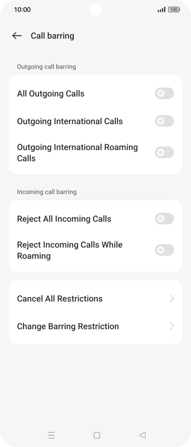 Press the required barring type. Press the required barring type.