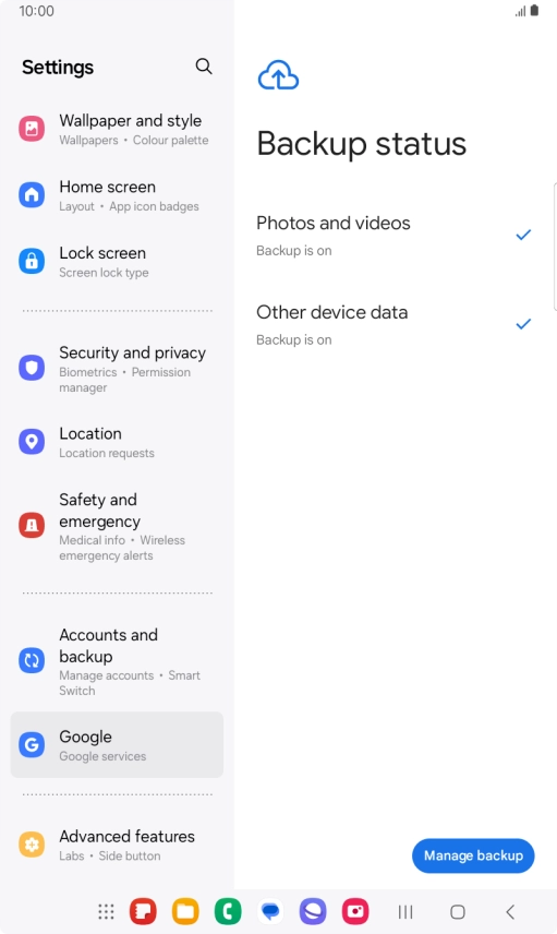 Press Manage backup.
