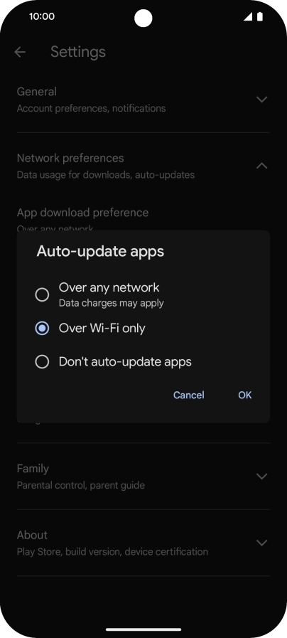To turn on automatic update of apps using mobile network, press Over any network.