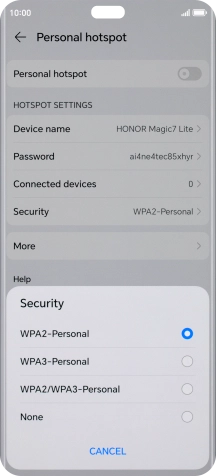 Press WPA3-Personal to password protect your Wi-Fi hotspot.