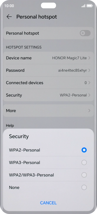 Press WPA3-Personal to password protect your Wi-Fi hotspot.
