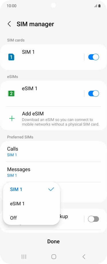 Press the required setting.