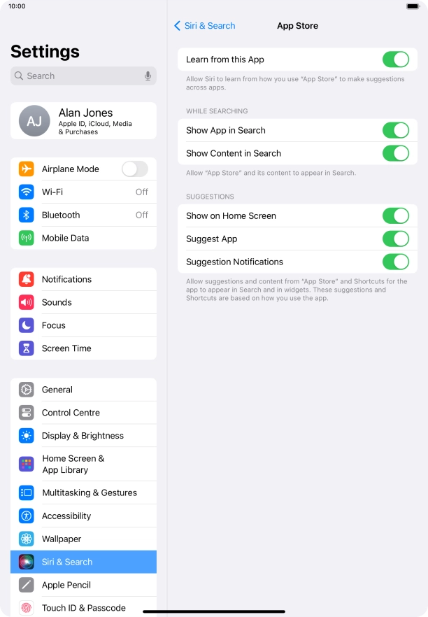 Press the indicators next to the required settings to turn them on or off.