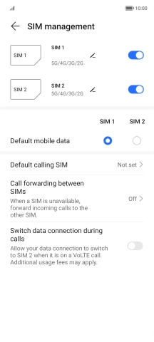 Press the indicator next to the required SIM to turn use of the SIM on or off.