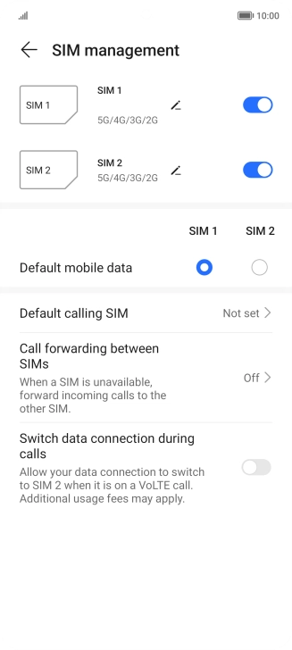 Press the indicator next to the required SIM to turn use of the SIM on or off.