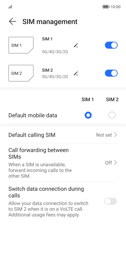 Press the indicator next to the required SIM to turn use of the SIM on or off.