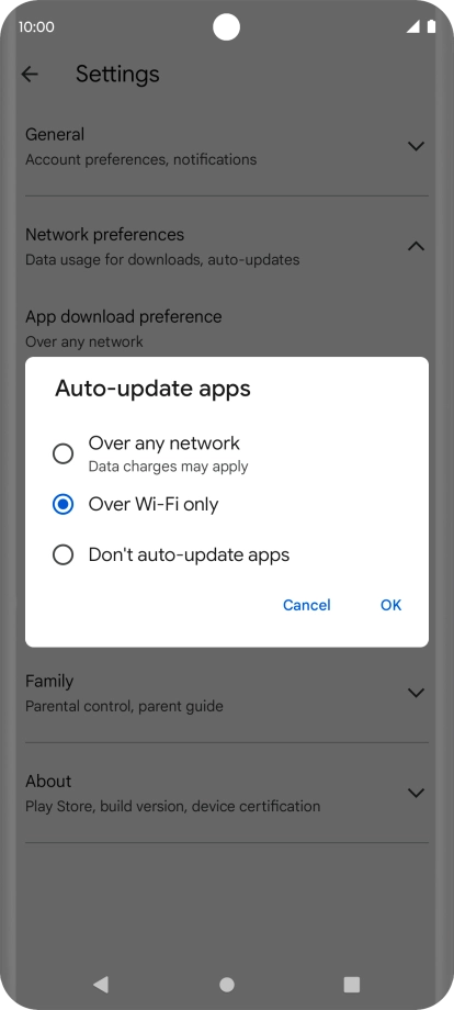 To turn on automatic update of apps using mobile network, press Over any network.