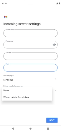 Press Never to keep email messages on the server when you delete them on your phone.