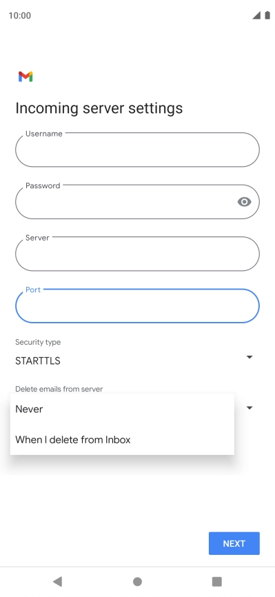 Press Never to keep email messages on the server when you delete them on your phone.