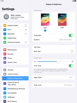 If you turn on the function, press Options and follow the instructions on the screen to select the required period of time for Dark Mode.