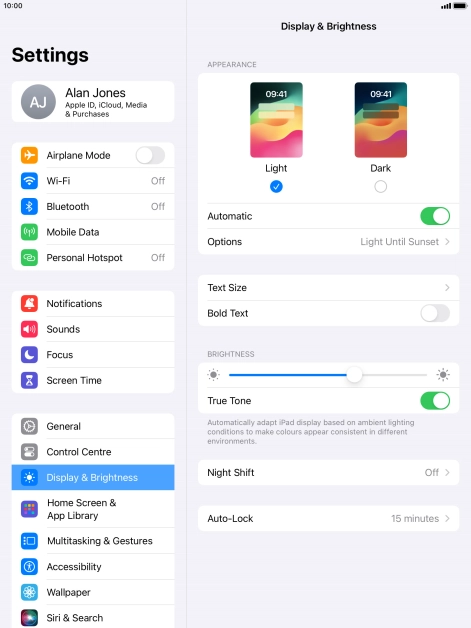 If you turn on the function, press Options and follow the instructions on the screen to select the required period of time for Dark Mode.