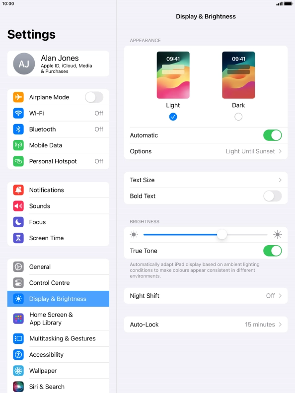 If you turn on the function, press Options and follow the instructions on the screen to select the required period of time for Dark Mode.