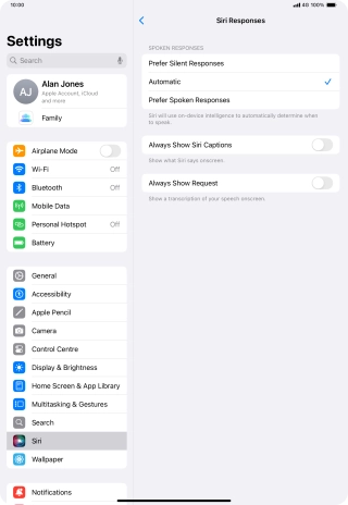 Press the required setting.