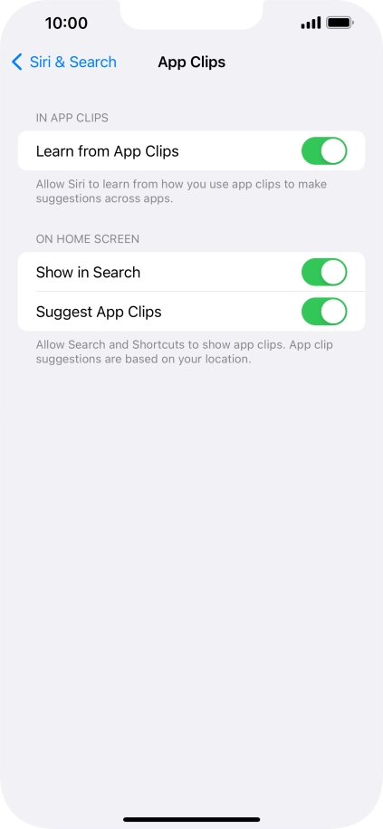 Press the indicators next to the required settings to turn them on or off.