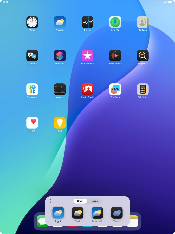 Press the required setting to select the size of app icons on the home screen.