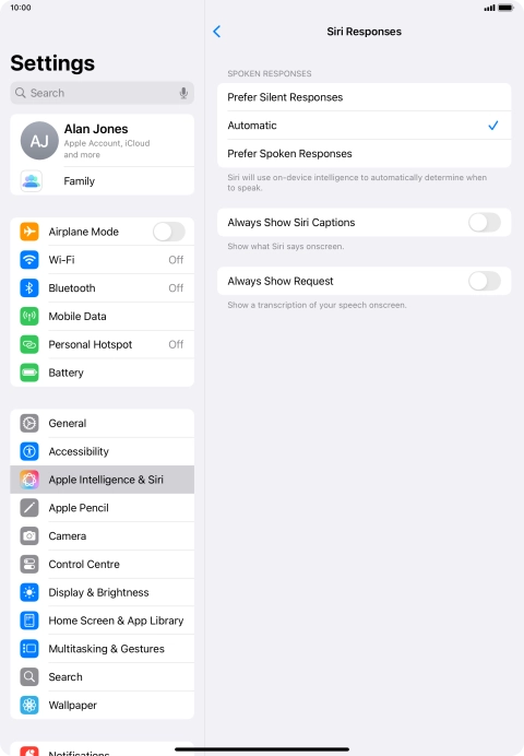 Press the required setting.