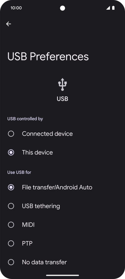 Press File transfer/Android Auto. Press File transfer/Android Auto.