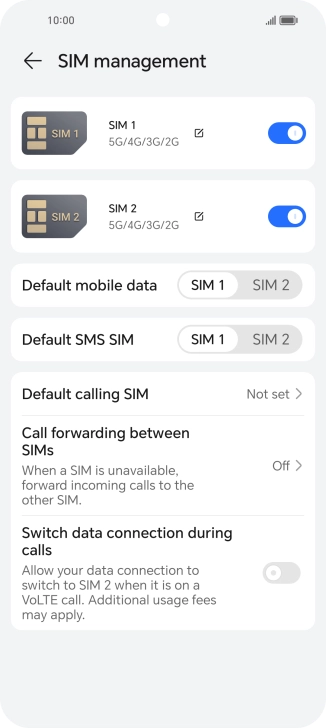 Press the indicator next to the required SIM to turn use of the SIM on or off.