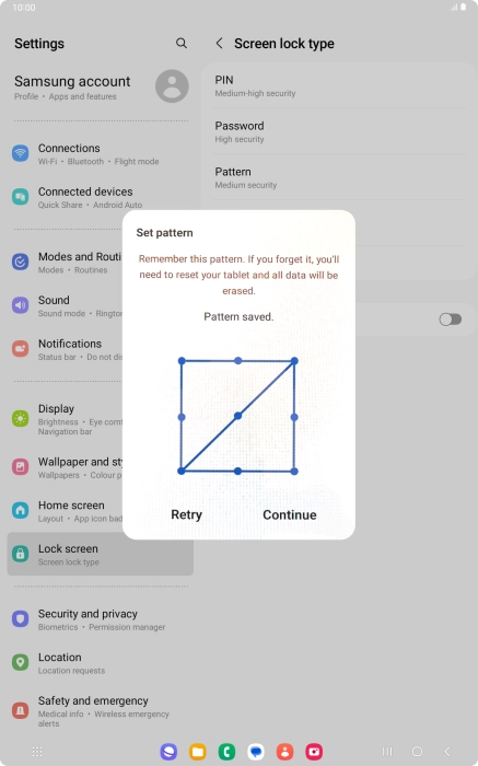 Slide your finger across the screen to connect at least four points and press Continue.