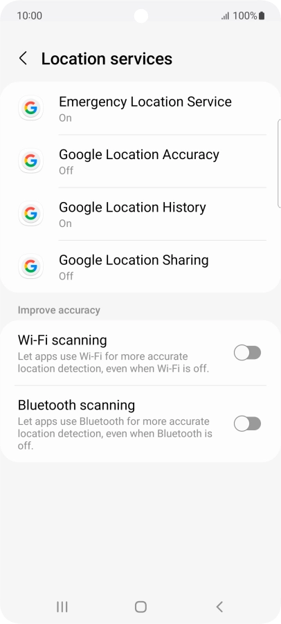 Press Google Location Accuracy. Press Google Location Accuracy.