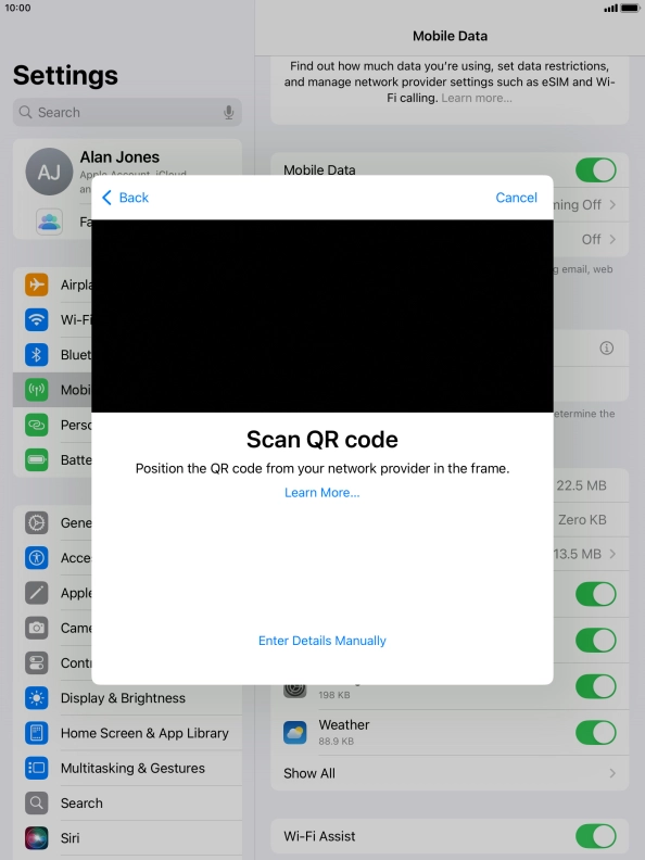 Place the QR code you've received inside the tablet camera frame to scan the code.